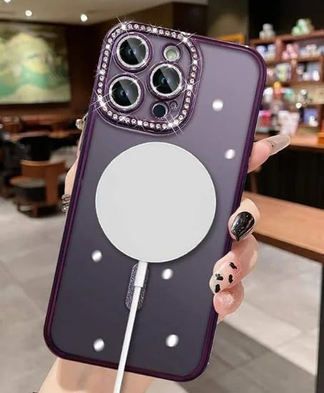 Brandson Crystal Clear Purple Case for iPhone 12 Pro Max | Transparent Soft TPU Cover with Diamond Rhinestone MagSafe Ring | Luxury Shockproof Camera Lens Protection Case for Women & Girls – Purple