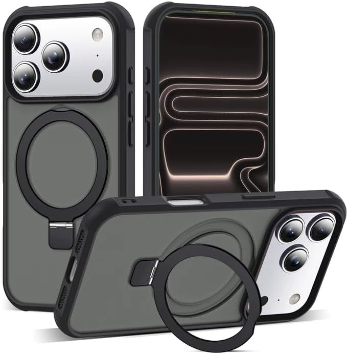 iPhone 17 Pro Case with Invisible Magnetic O-Ring Stand | Military-Grade Translucent Shockproof MagSafe Compatible Cover – Black (6.3”)
