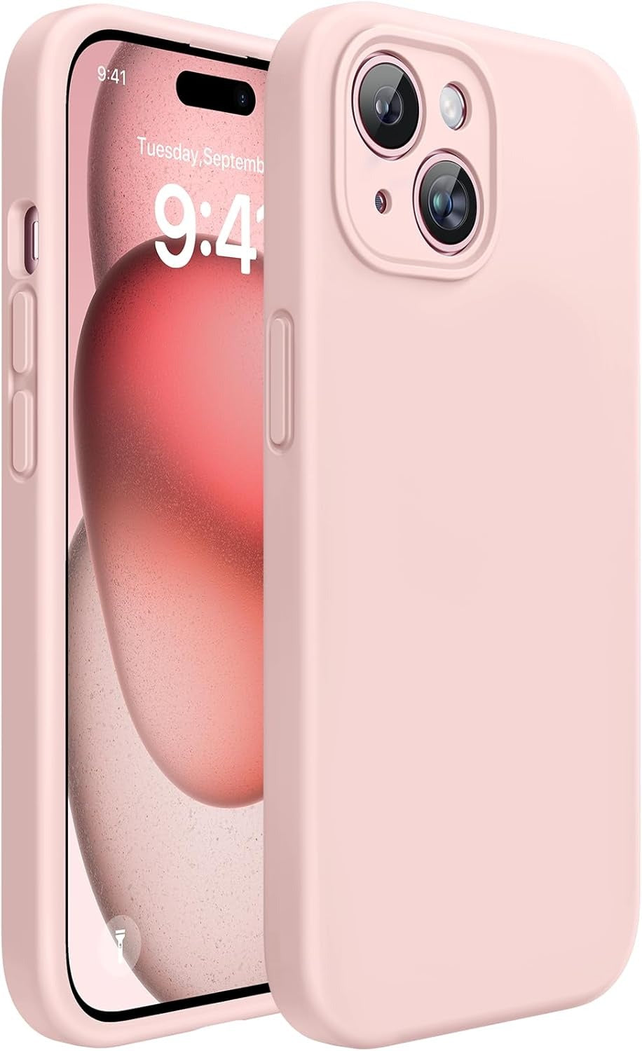 Brandson Liquid Silicone Case for iPhone 15 Plus | Shockproof Soft Silicone Back Cover | Anti-Scratch Microfiber Lining | Gel Rubber Drop Protection | Sand Pink