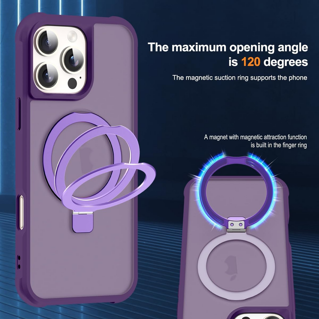 MagSafe Compatible Case for iPhone 16 Pro (6.3") | Invisible Magnetic O-Ring Stand | Military-Grade Translucent Shockproof Cover – Purple