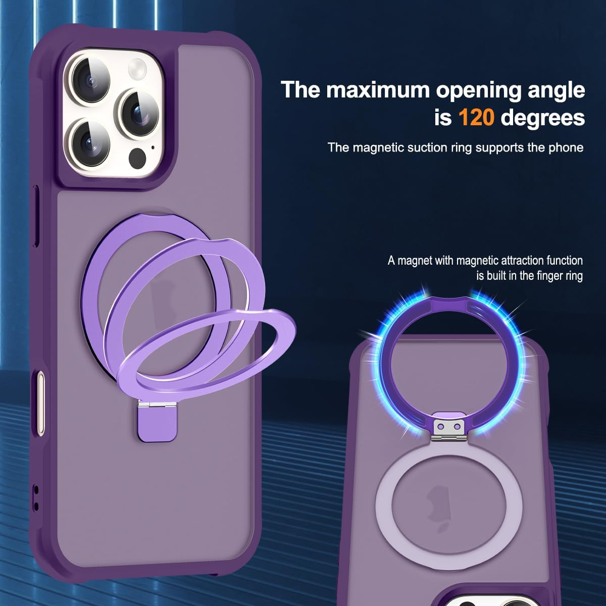 MagSafe Compatible Case for iPhone 16 Pro (6.3") | Invisible Magnetic O-Ring Stand | Military-Grade Translucent Shockproof Cover – Purple