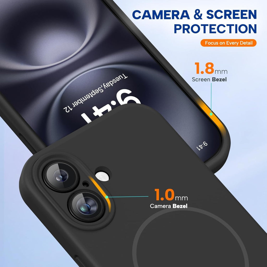 Miracase Liquid Silicone Case for iPhone 16 | MagSafe Compatible | Soft Microfiber Lining | Shockproof Drop Protection Phone Cover | Anti-Scratch Back Case | Black