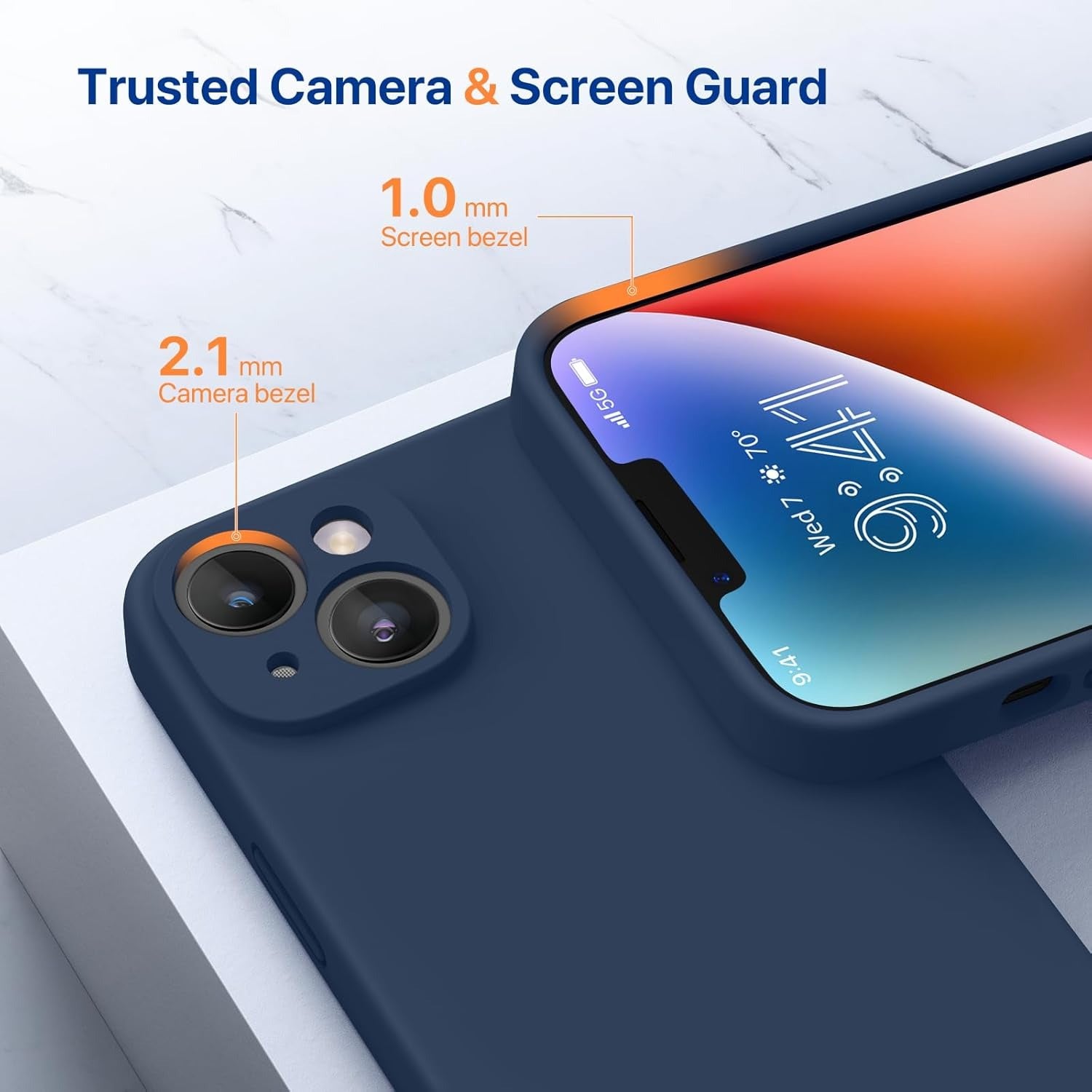 Brandson Liquid Silicone Case for iPhone 14 (6.1") | Shockproof Soft Rubber Cover | Enhanced Camera Protection | Microfiber Lining | Screen Protector Included | Dark Blue