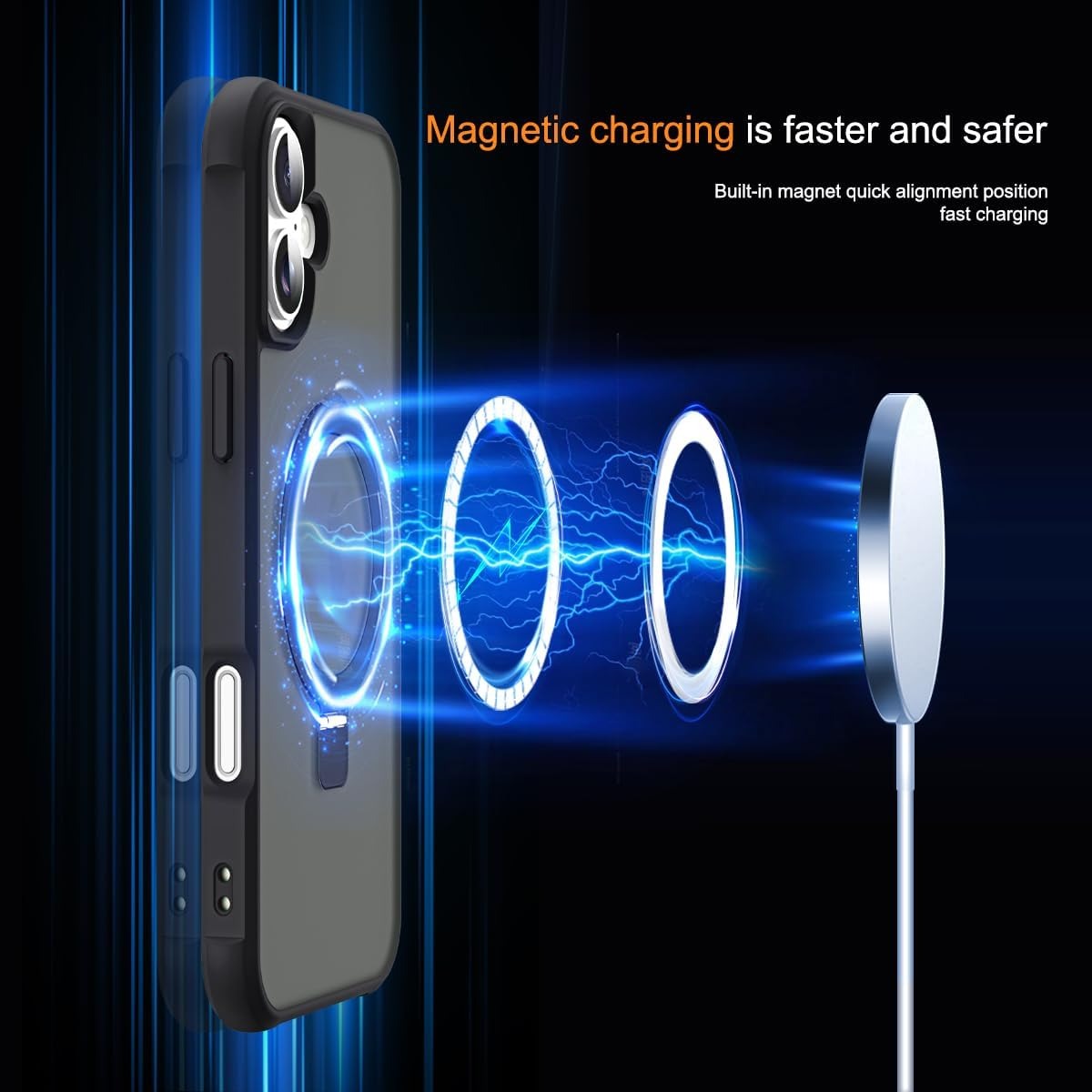 iPhone 16 Case with Invisible Magnetic O-Ring Stand | Military-Grade Shockproof Translucent Back | MagSafe Compatible | Great Grip | Black (6.1”)