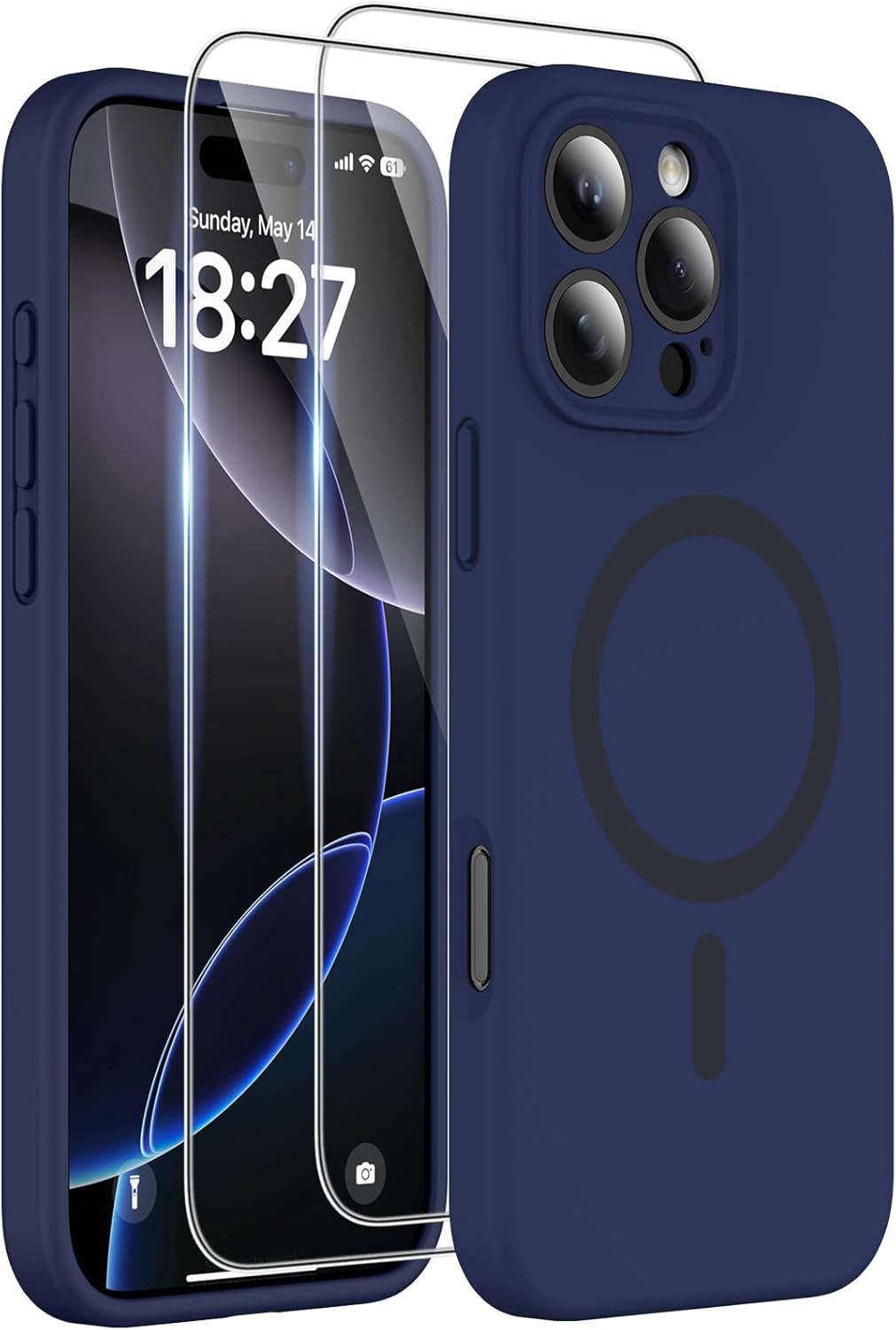 Magnetic iPhone 16 Pro Max Case | MagSafe Compatible | 2× 9H Screen Protectors | Full Camera Guard | Military-Grade Silicone Cover – Dark Blue (6.9”)