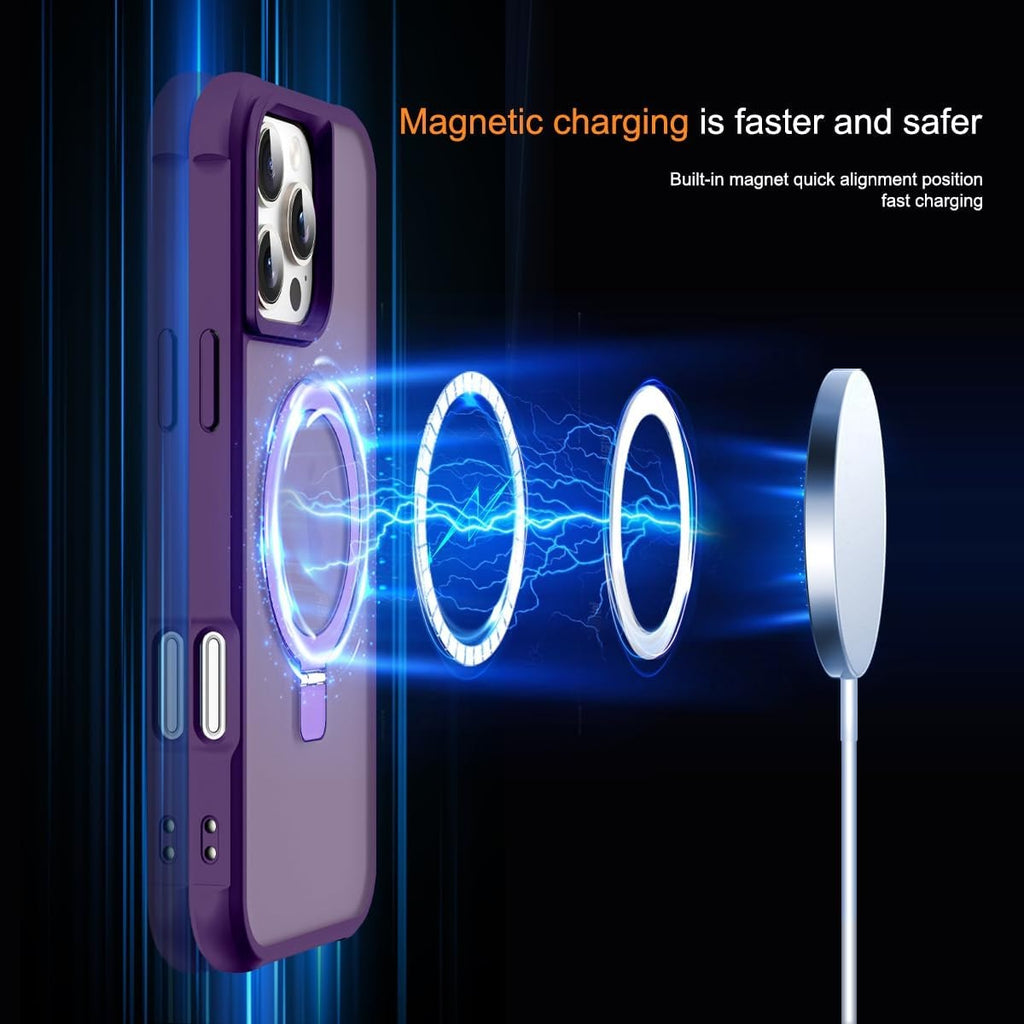 MagSafe Compatible Case for iPhone 16 Pro Max (6.9") | Invisible Magnetic O-Ring Stand | Military-Grade Translucent Shockproof Cover – Purple