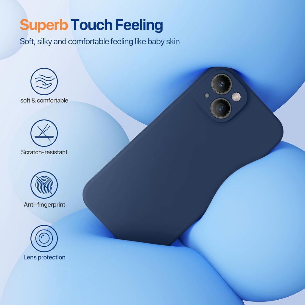 Brandson Liquid Silicone Case for iPhone 14 (6.1") | Shockproof Soft Rubber Cover | Enhanced Camera Protection | Microfiber Lining | Screen Protector Included | Dark Blue