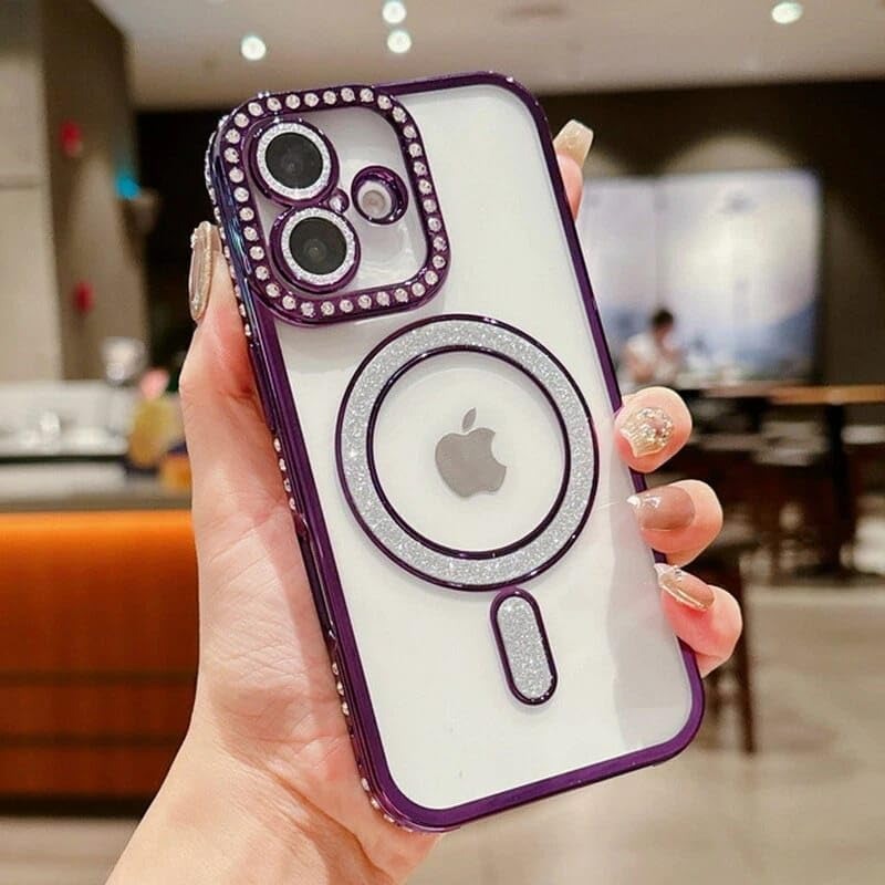 Brandson Luxury Sparkle MagSafe Case for iPhone 17 Pro – Diamond Camera Guard, Shockproof Transparent Cover, Purple Shine Edition