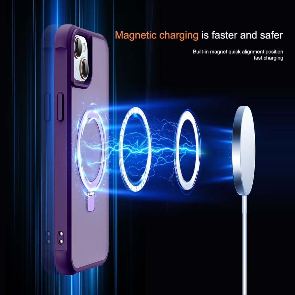 MagSafe Compatible Case for iPhone 15 (6.1") | Invisible Magnetic O-Ring Stand | Military-Grade Translucent Shockproof Cover – Purple