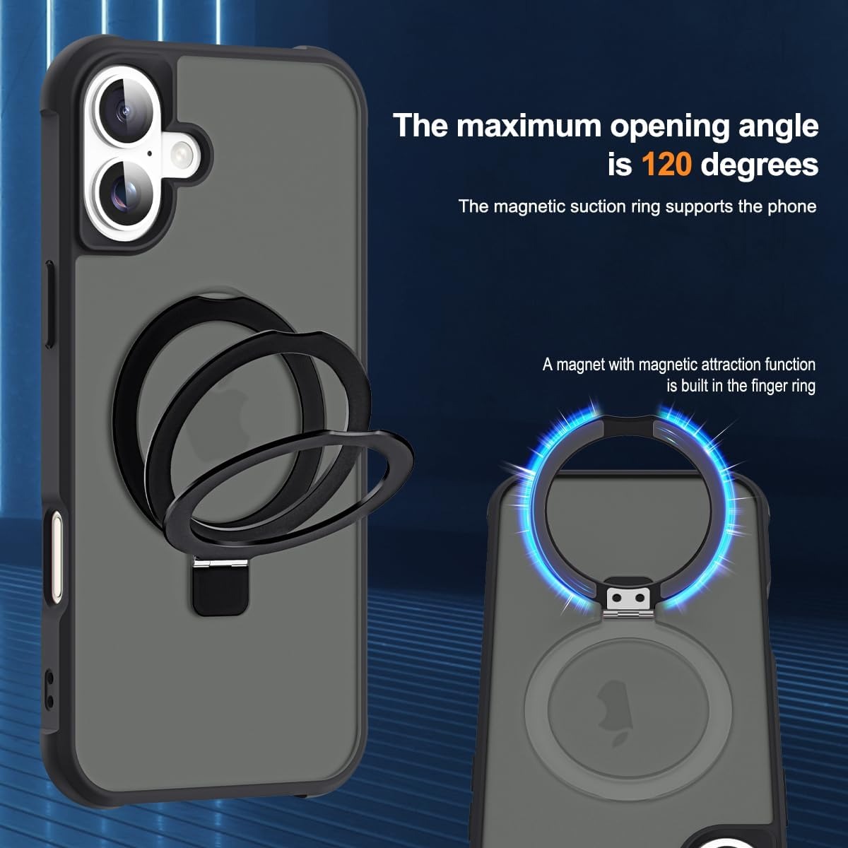 iPhone 16 Case with Invisible Magnetic O-Ring Stand | Military-Grade Shockproof Translucent Back | MagSafe Compatible | Great Grip | Black (6.1”)