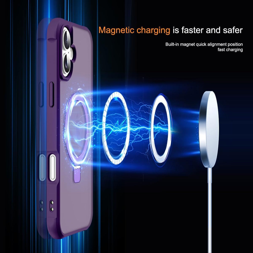 MagSafe Compatible Case for iPhone 16 Plus (6.7") | Invisible Magnetic O-Ring Stand | Military-Grade Translucent Shockproof Cover – Purple