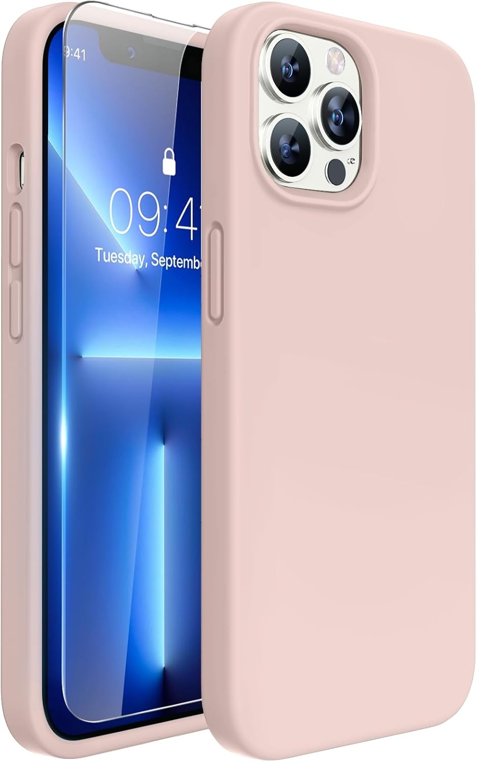 Brandson Liquid Silicone Case for iPhone 13 Pro Max (6.7") | Shockproof Soft Silicone Back Cover with Screen Protector | Anti-Scratch Microfiber Lining | Sand Pink