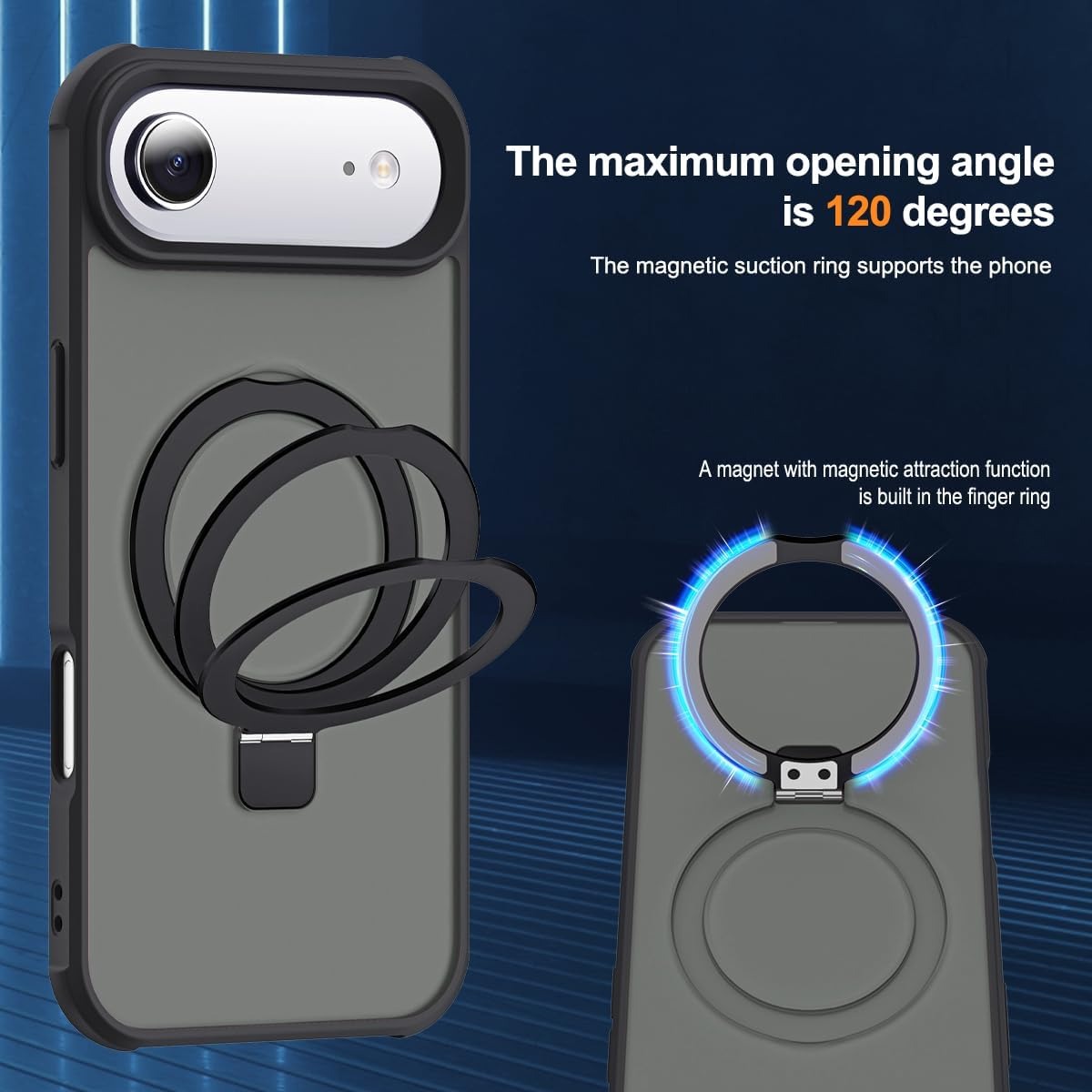 iPhone 17 Air Case with Invisible Magnetic O-Ring Stand | Military-Grade Translucent Shockproof MagSafe Compatible Cover – Black (6.5”)