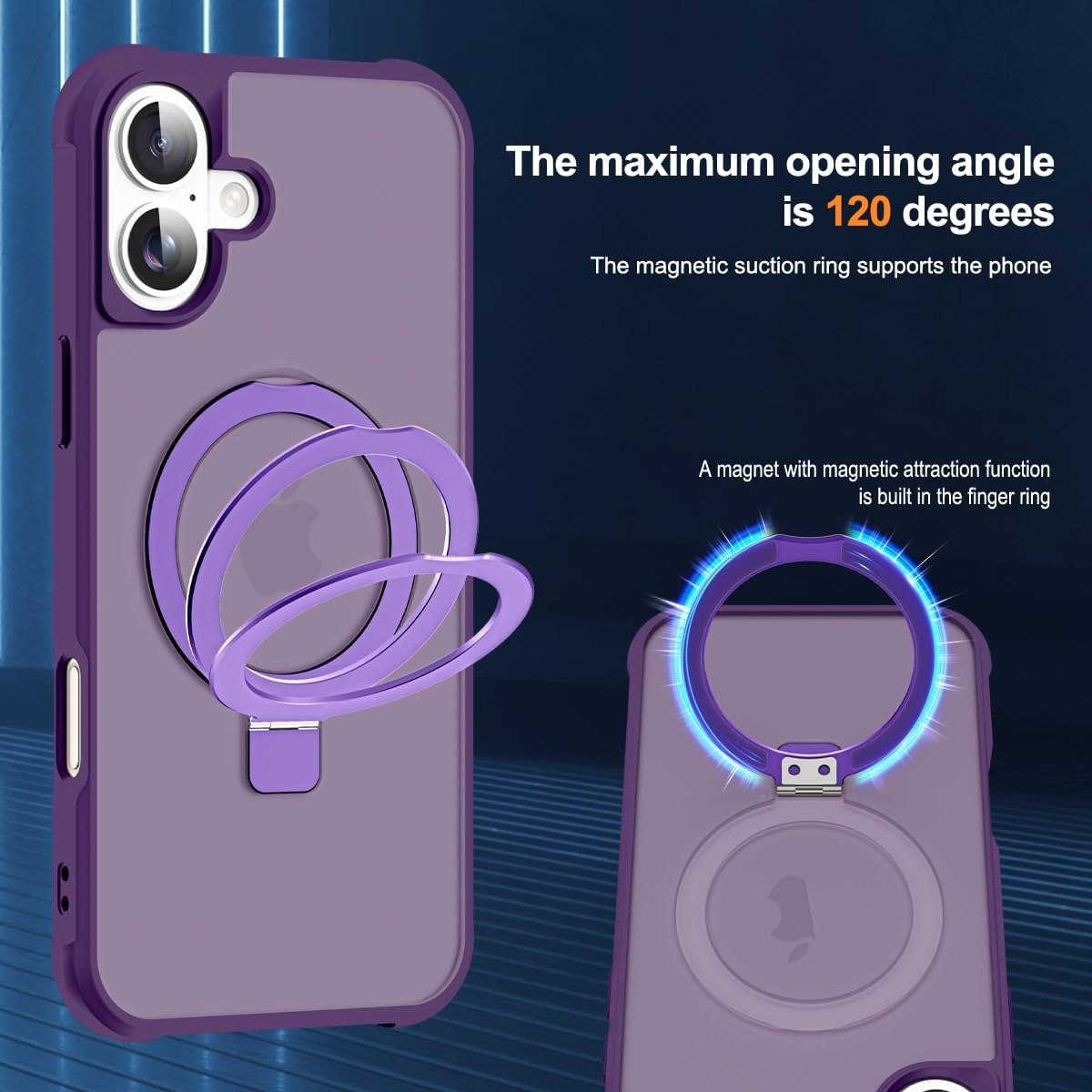 MagSafe Compatible Case for iPhone 16 Plus (6.7") | Invisible Magnetic O-Ring Stand | Military-Grade Translucent Shockproof Cover – Purple