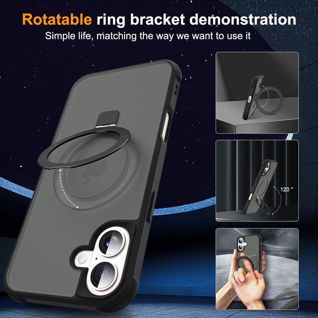 iPhone 17 Case with Invisible Magnetic O-Ring Stand | Military-Grade Translucent Shockproof MagSafe Compatible Cover – Black (6.3")