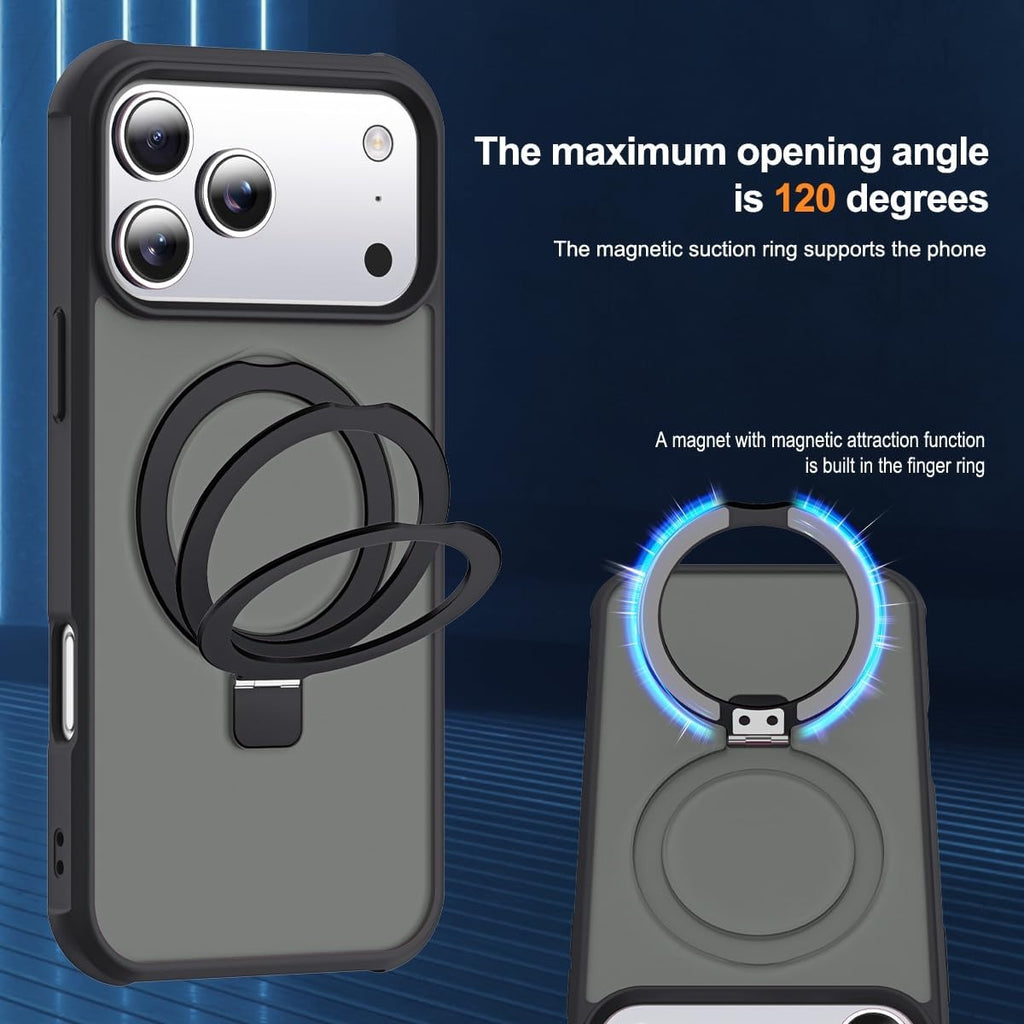 brandsn iPhone 17 Pro Max Case with Invisible Magnetic O-Ring Stand | Military-Grade Translucent MagSafe Compatible Shockproof Cover – Black (6.9”)