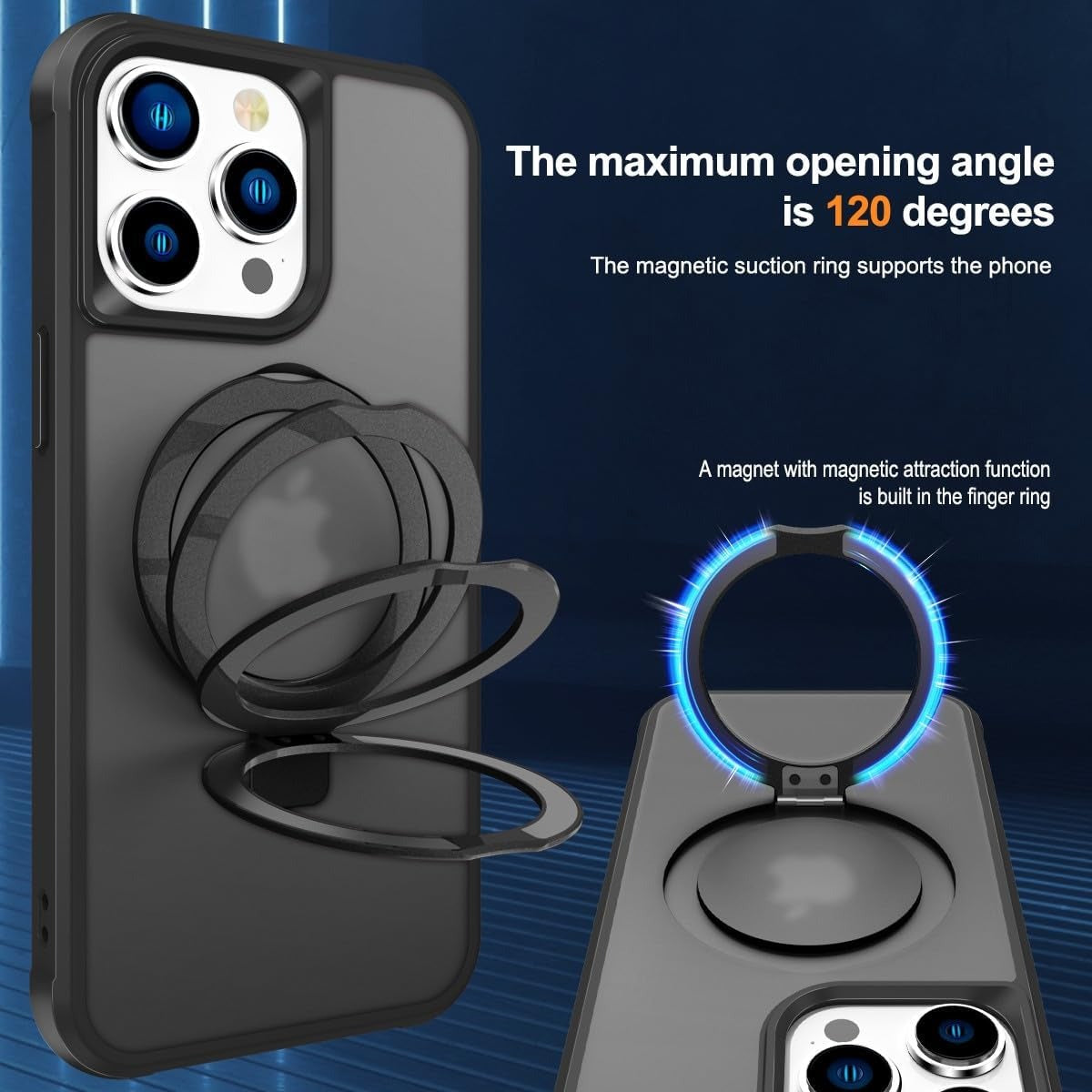 iPhone 14 Pro Max Magnetic O-Ring Stand Case | Military-Grade Translucent Shockproof Back Cover | MagSafe Compatible | Black