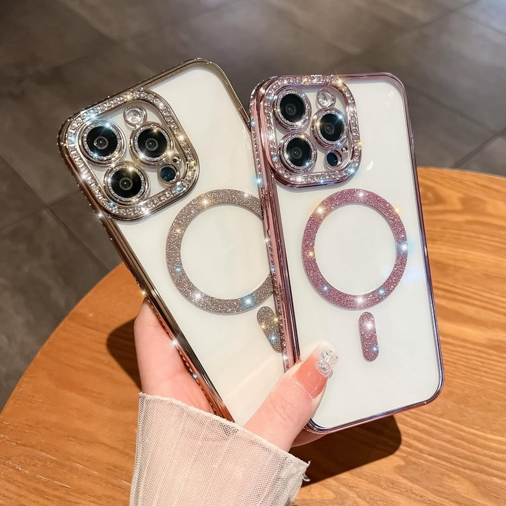 Brandson Clear TPU Case for iPhone 16 | Soft Transparent Glitter Cover with Gold Rhinestone Diamonds | MagSafe Compatible | Shockproof Camera Lens Protection Case for Women & Girls – Gold