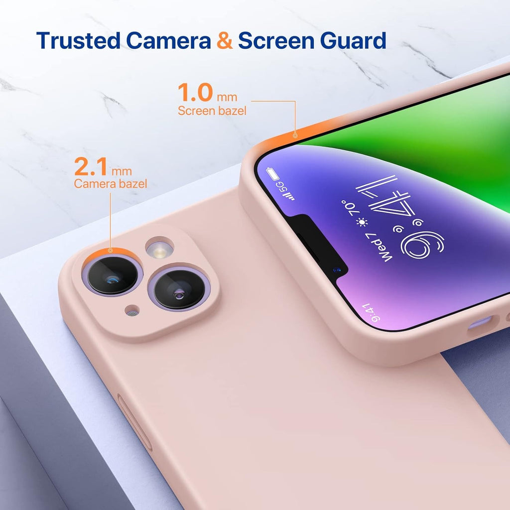 Brandson Liquid Silicone Case for iPhone 14 (6.1") | Shockproof Soft Silicone Back Cover with Screen Protector | Enhanced Camera Protection | Microfiber Lining | Sand Pink