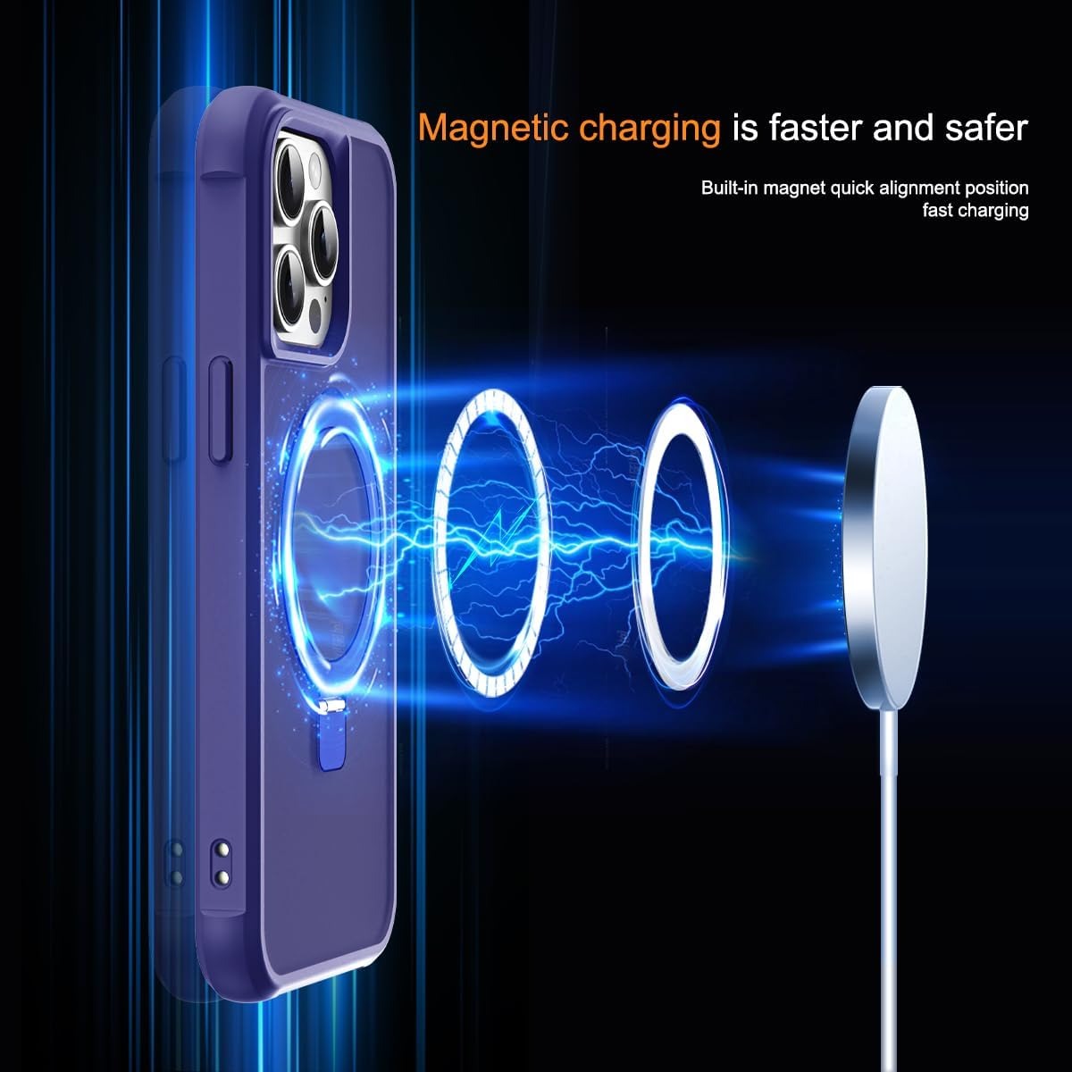iPhone 15 Pro Magnetic O-Ring Stand Case – Military-Grade Translucent MagSafe Compatible Shockproof Cover – Navy