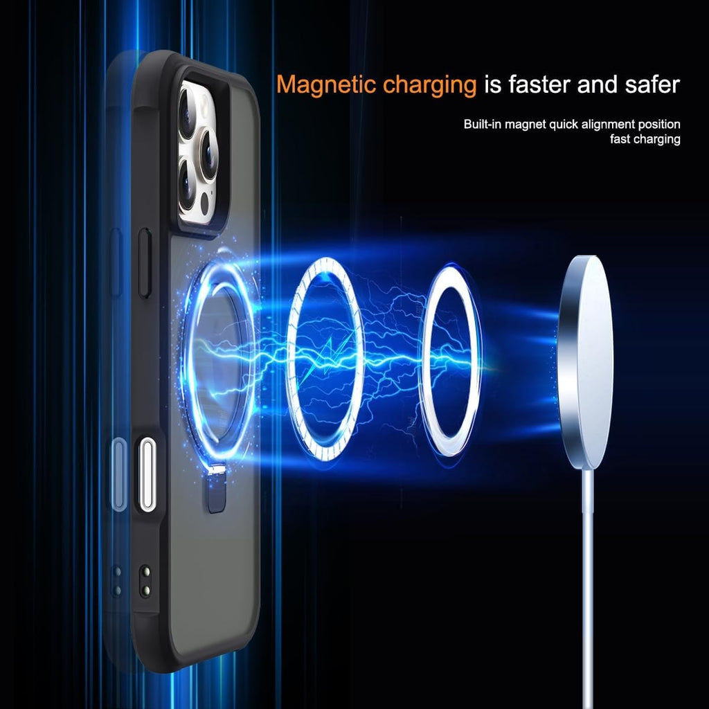 iPhone 16 Pro Max Case with Invisible Magnetic O-Ring Stand | Military-Grade Drop Protection | Translucent MagSafe Compatible Back Cover – Black