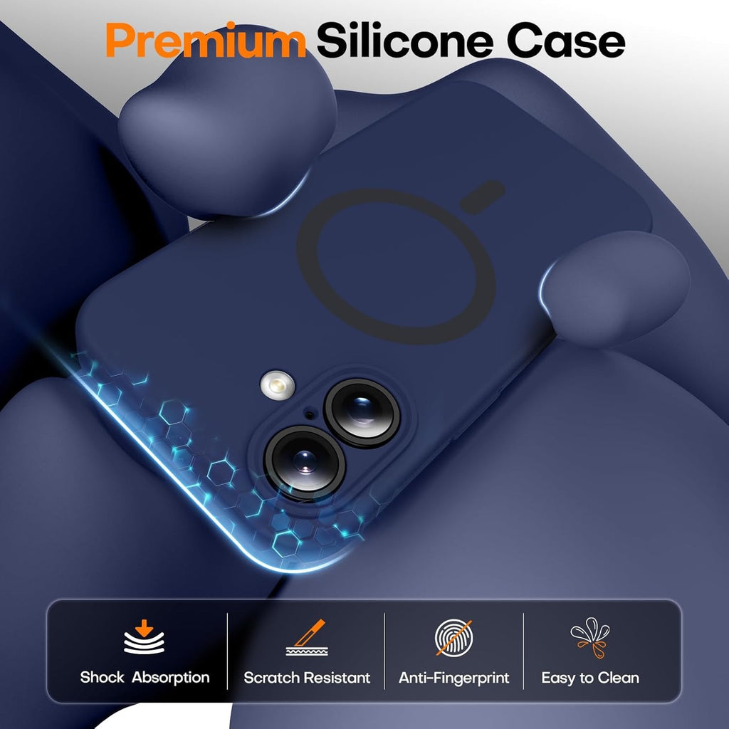 Magnetic Case for iPhone 16 | MagSafe Compatible | 2× 9H Screen Protectors | Full Camera Protection | Military-Grade Silicone Cover – Dark Blue (6.1")
