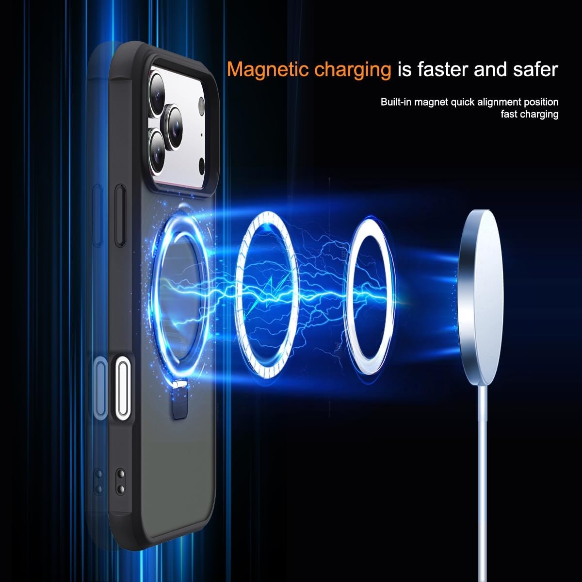 brandsn iPhone 17 Pro Max Case with Invisible Magnetic O-Ring Stand | Military-Grade Translucent MagSafe Compatible Shockproof Cover – Black (6.9”)