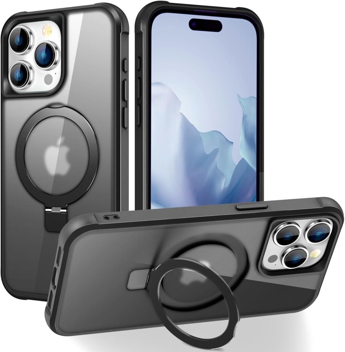 iPhone 14 Pro Max Magnetic O-Ring Stand Case | Military-Grade Translucent Shockproof Back Cover | MagSafe Compatible | Black