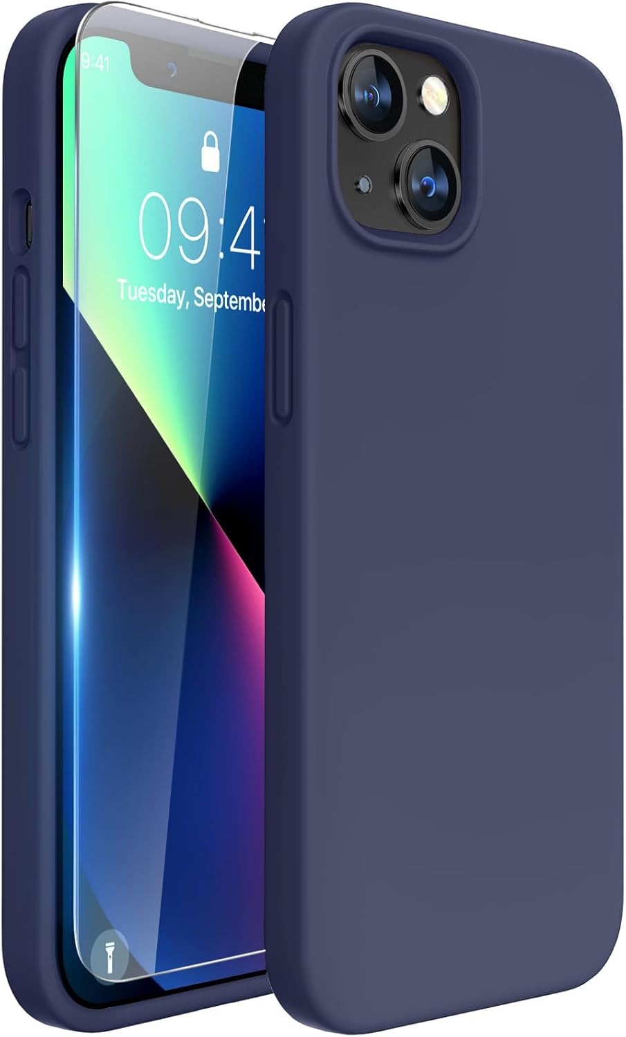 Brandson Liquid Silicone Case for iPhone 13 (6.1") | Shockproof Soft Rubber Cover | Anti-Scratch Microfiber Lining | Tempered Glass Screen Protector Included | Dark Blue