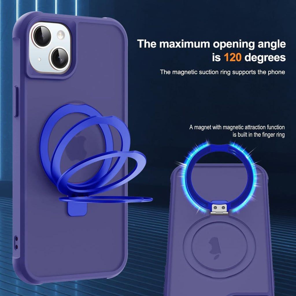 iPhone 15 Plus Magnetic O-Ring Stand Case – Military-Grade Translucent MagSafe Compatible Shockproof Cover – Navy