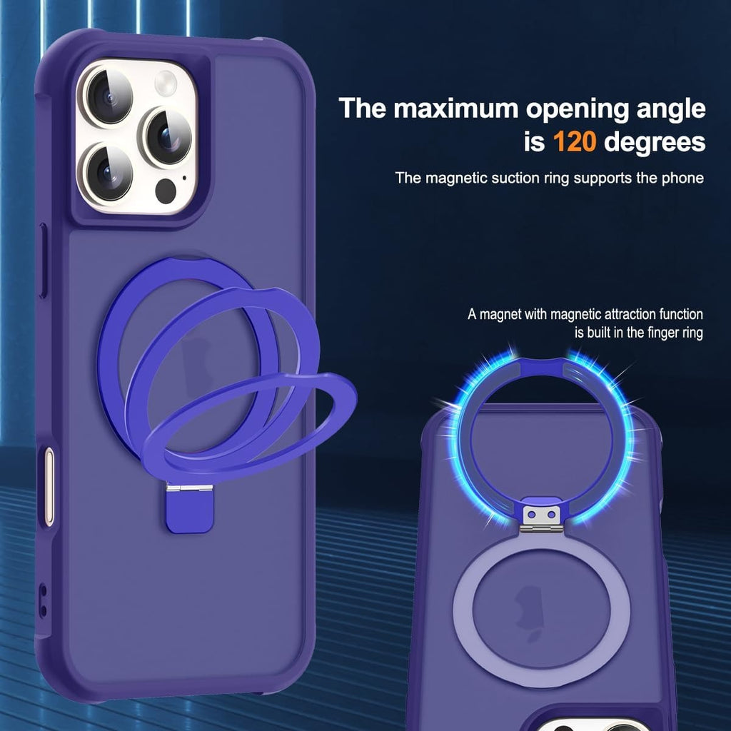 iPhone 16 Pro Magnetic O-Ring Stand Case – Military-Grade Translucent MagSafe Shockproof Cover – Navy (6.3")