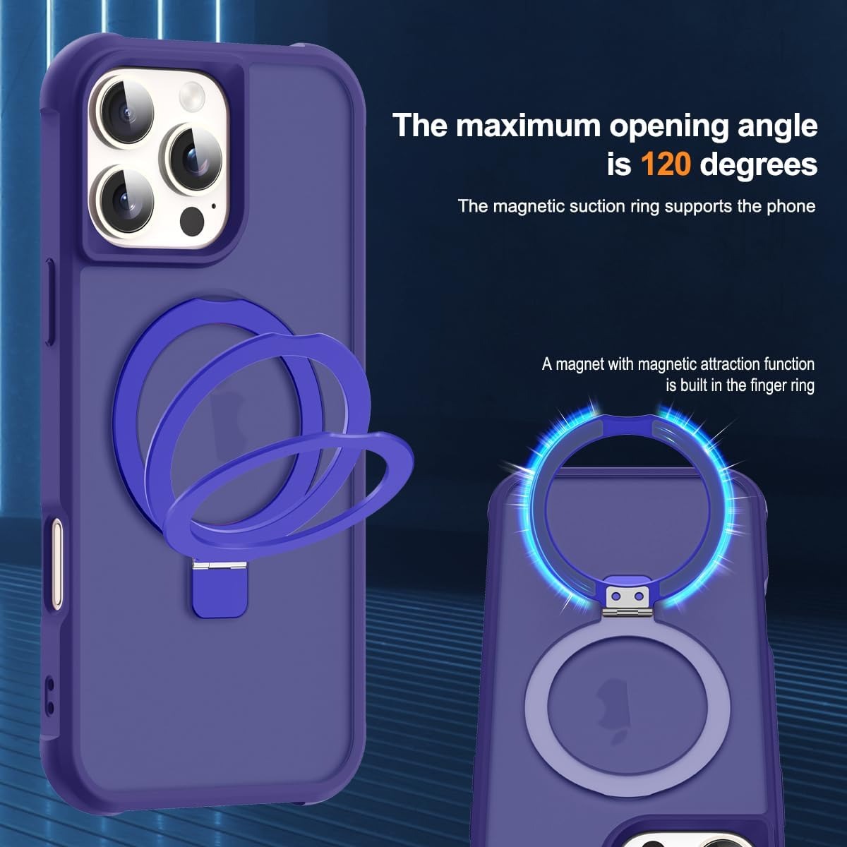 iPhone 16 Pro Magnetic O-Ring Stand Case – Military-Grade Translucent MagSafe Shockproof Cover – Navy (6.3")