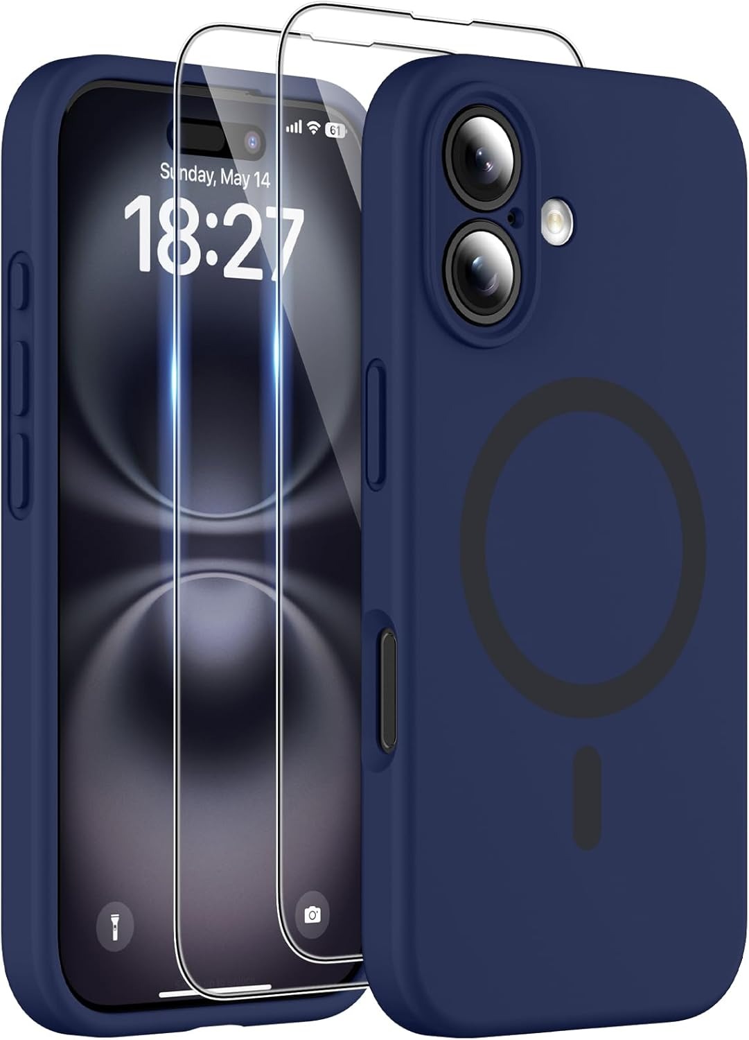 Magnetic Case for iPhone 16 Plus (6.7") | MagSafe Compatible | 2× 9H Screen Protectors | Full Camera Guard | Military-Grade Silicone Shockproof Cover – Dark Blue