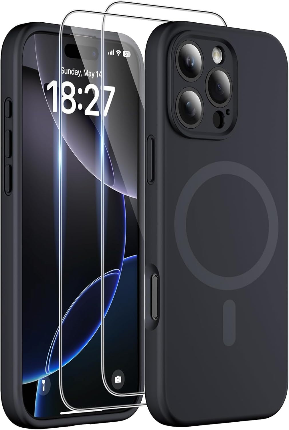 Magnetic Case for iPhone 16 Pro (6.3") – MagSafe Compatible | 2× 9H Screen Protectors | Full Camera Protection | Military-Grade Silicone Cover – Black