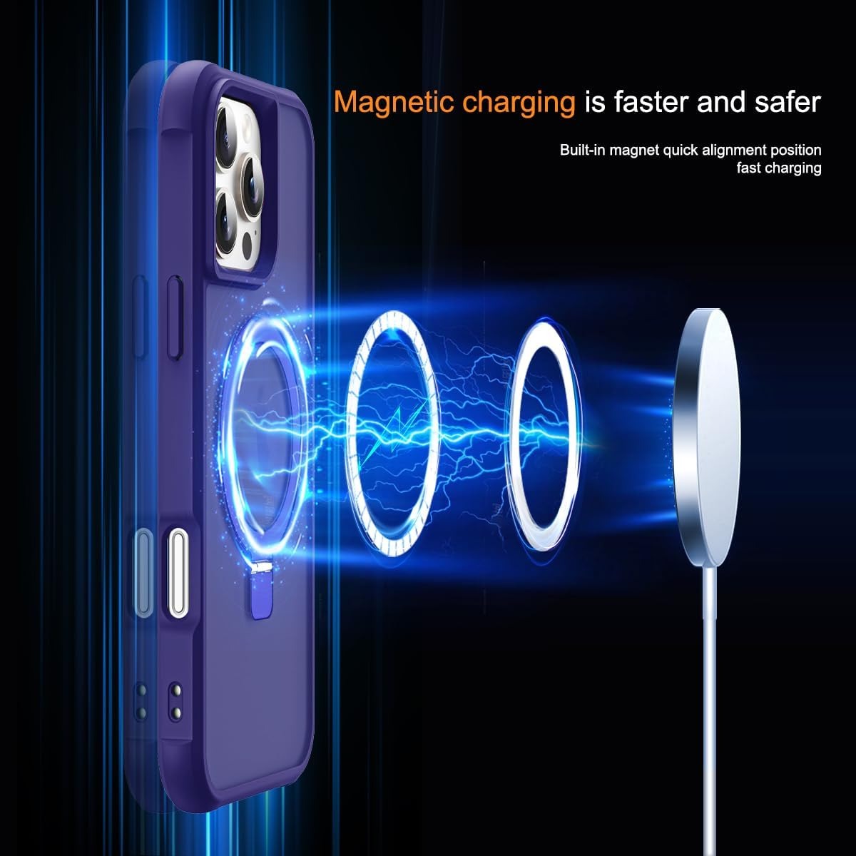 iPhone 16 Pro Magnetic O-Ring Stand Case – Military-Grade Translucent MagSafe Shockproof Cover – Navy (6.3")