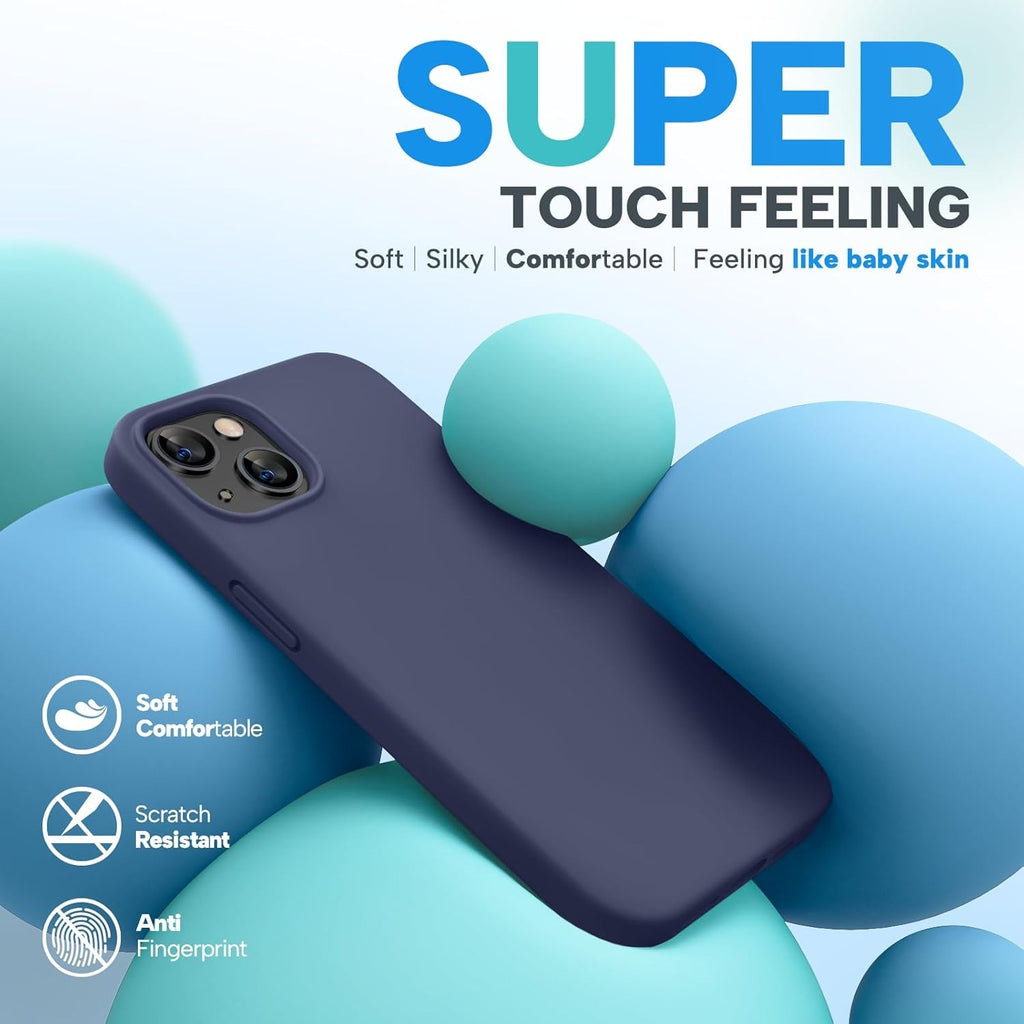 Brandson Liquid Silicone Case for iPhone 13 (6.1") | Shockproof Soft Rubber Cover | Anti-Scratch Microfiber Lining | Tempered Glass Screen Protector Included | Dark Blue
