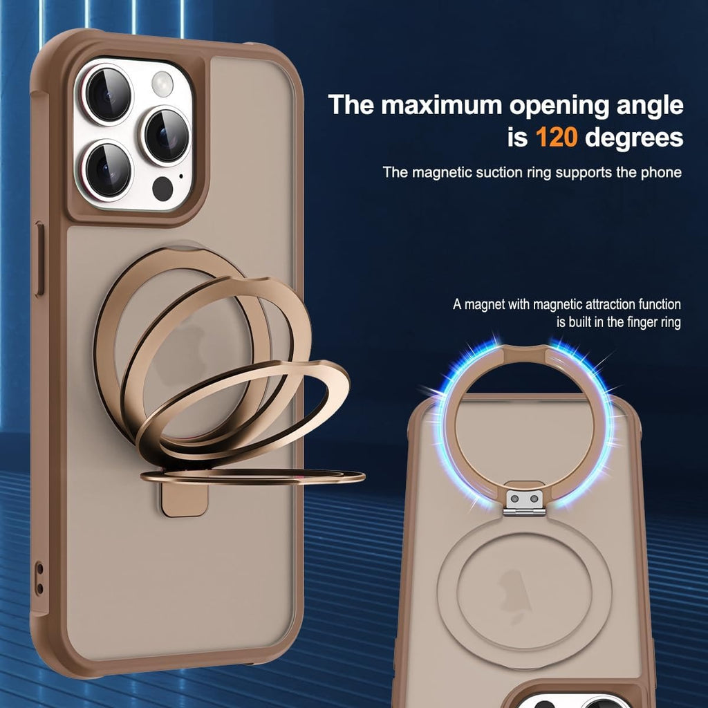 Brandson Compatible with iPhone 14 Pro Case 📱 Magnetic O-Ring Stand | Military-Grade Translucent Back Cover | MagSafe Compatible | 6.1" Desert Brown
