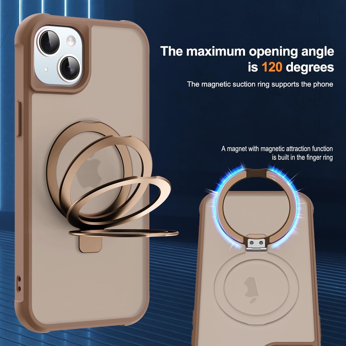iPhone 13 & 14 Magnetic O-Ring Stand Case | Translucent Shockproof Back Cover | MagSafe Compatible | 6.1" Desert Brown
