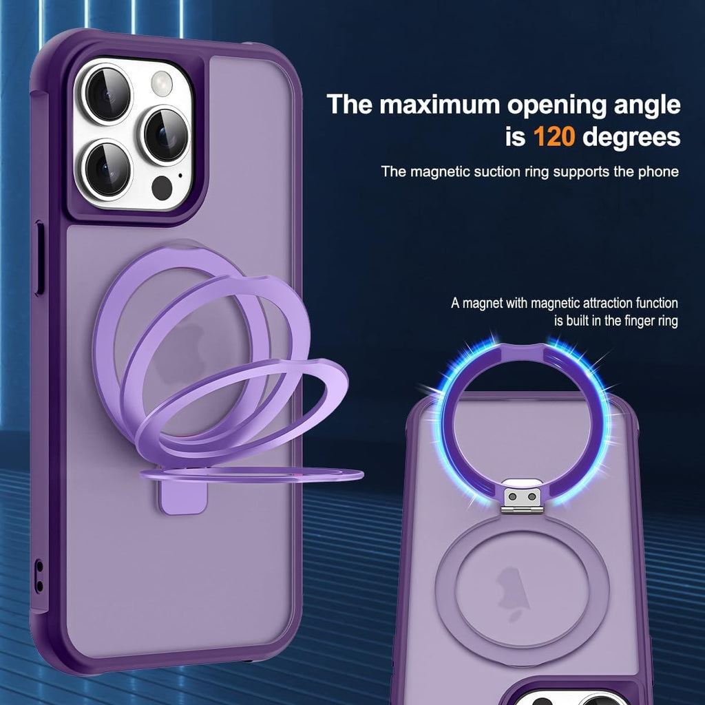 MagSafe Compatible Case for iPhone 15 Pro (6.1") | Invisible Magnetic O-Ring Stand | Military-Grade Translucent Shockproof Cover – Purple