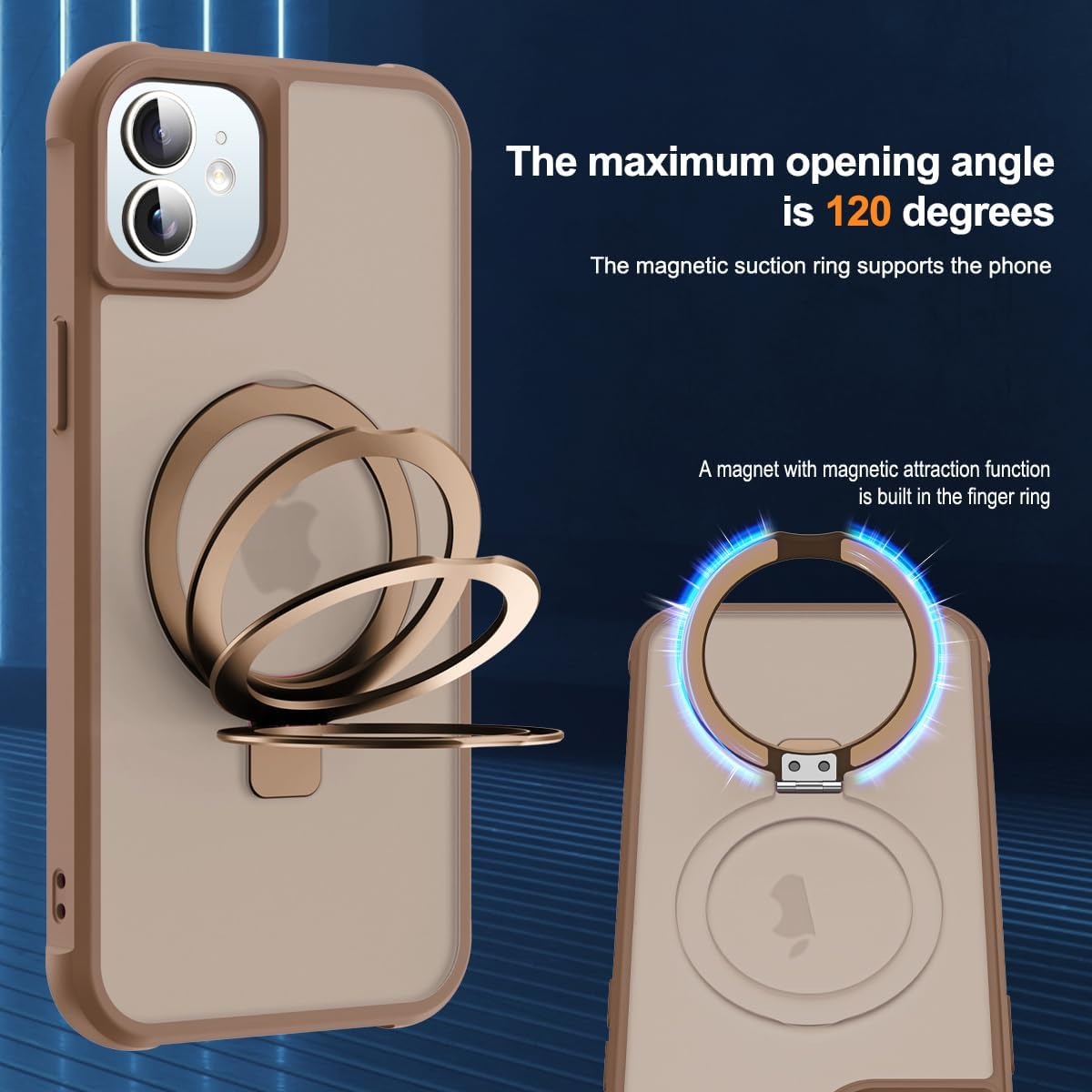 iPhone 12 & 12 Pro Magnetic O-Ring Stand Case | Translucent Shockproof Back Cover | MagSafe Compatible | Desert Brown | 6.1"