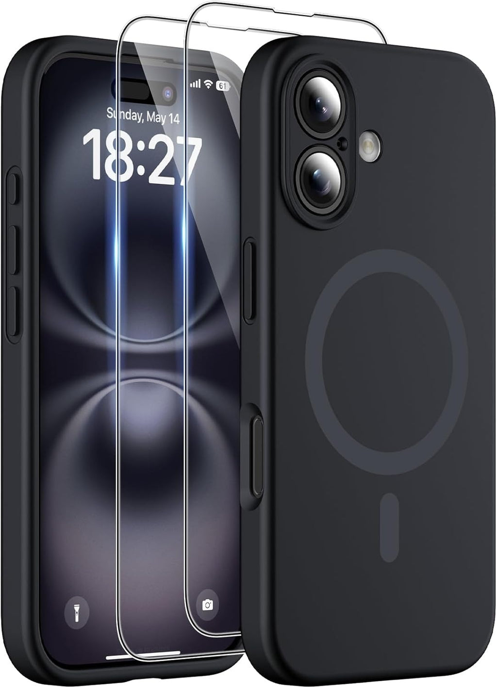 Magnetic Case for iPhone 16 Plus (6.7”) | MagSafe Compatible | 2× 9H Screen Protectors | Full Camera Protection | Military-Grade Silicone Cover – Black