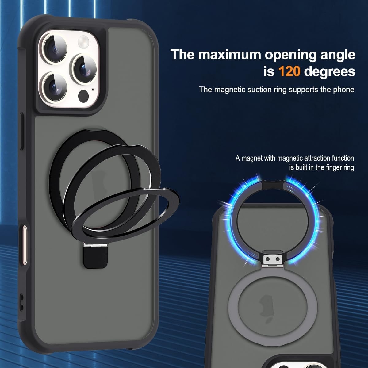 iPhone 16 Pro Max Case with Invisible Magnetic O-Ring Stand | Military-Grade Drop Protection | Translucent MagSafe Compatible Back Cover – Black
