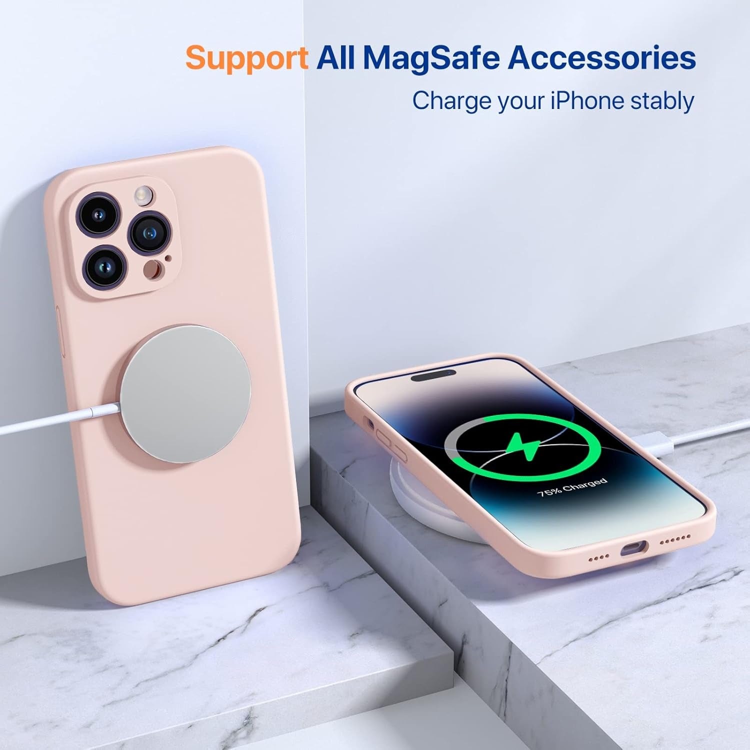 Brandson Liquid Silicone Case for iPhone 14 Pro Max (6.7") | Shockproof Soft Silicone Back Cover with Screen Protector | Enhanced Camera Protection | Microfiber Lining | Sand Pink