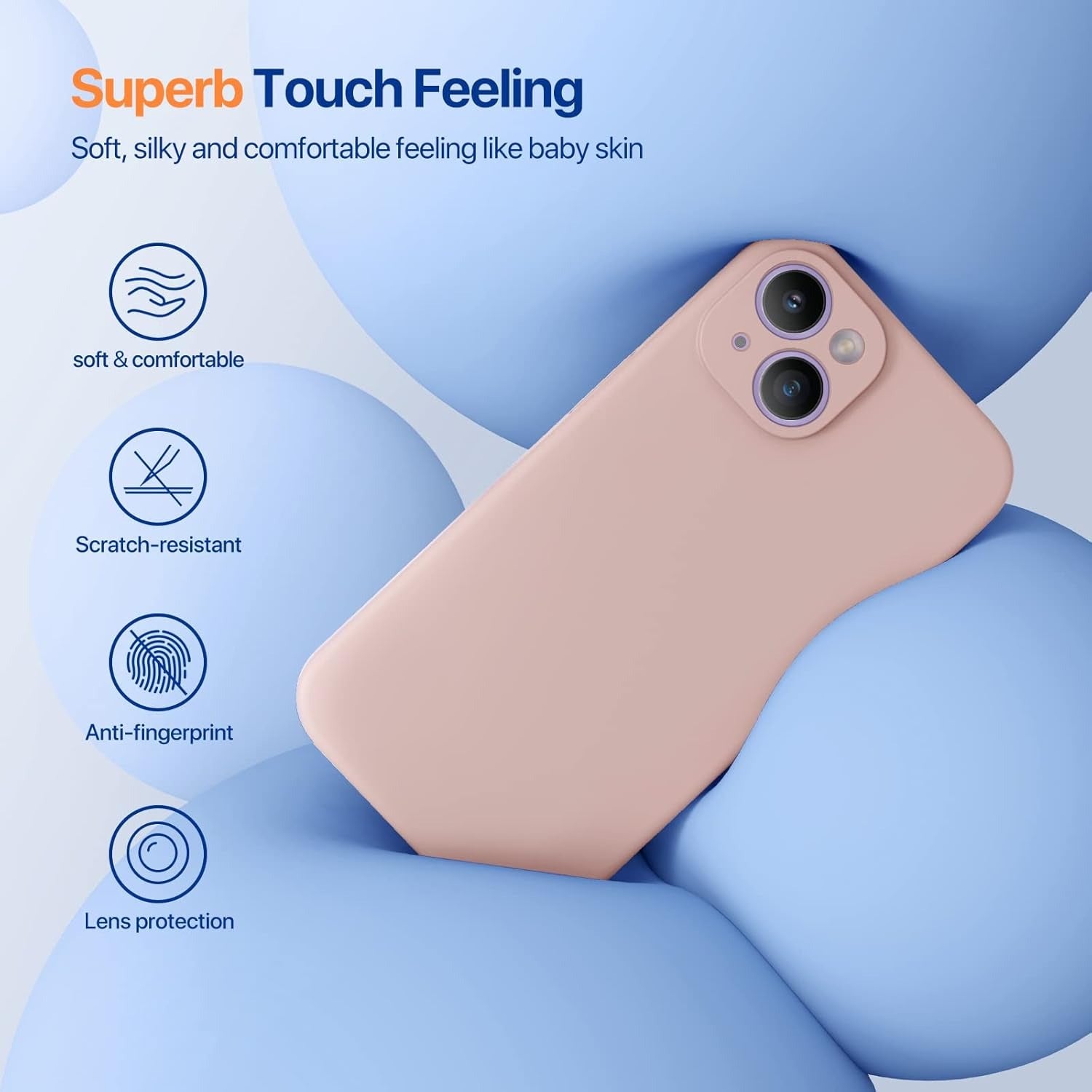 Brandson Liquid Silicone Case for iPhone 14 (6.1") | Shockproof Soft Silicone Back Cover with Screen Protector | Enhanced Camera Protection | Microfiber Lining | Sand Pink