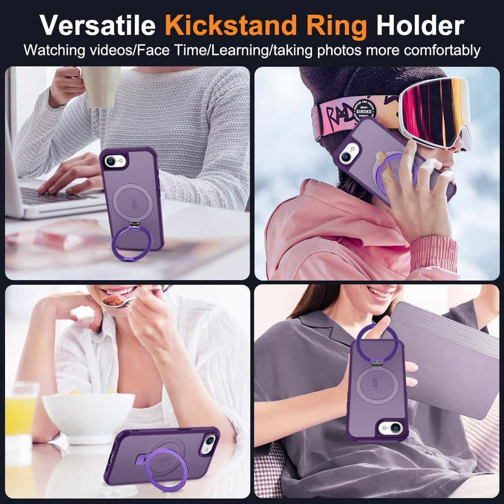 MagSafe Compatible Case for iPhone 16E (6.1", 2025) | Invisible Magnetic O-Ring Stand | Military-Grade Translucent Shockproof Cover – Purple