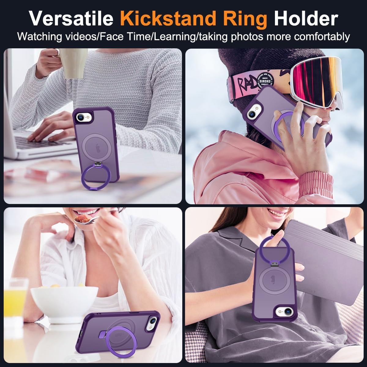 MagSafe Compatible Case for iPhone 16E (6.1", 2025) | Invisible Magnetic O-Ring Stand | Military-Grade Translucent Shockproof Cover – Purple