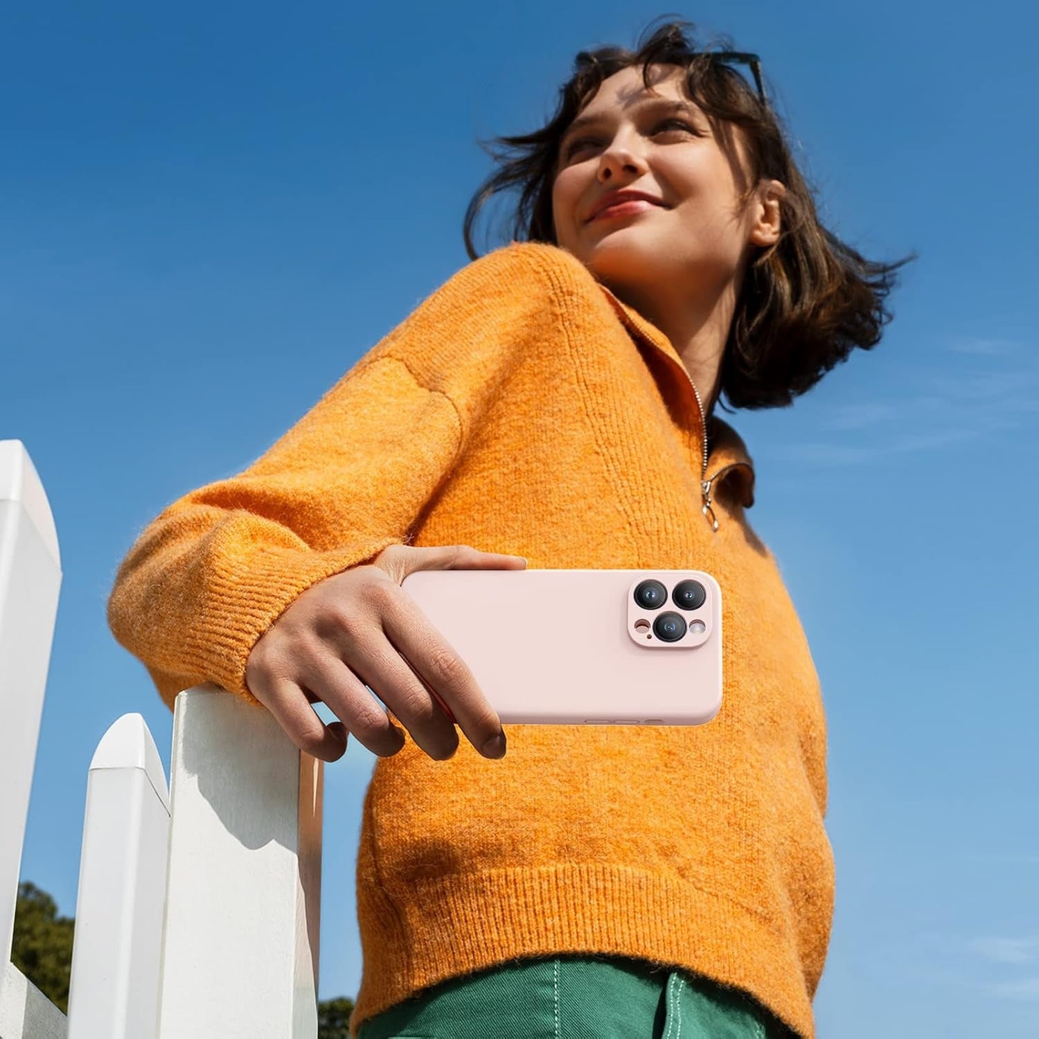 Brandson Liquid Silicone Case for iPhone 14 Pro Max (6.7") | Shockproof Soft Silicone Back Cover with Screen Protector | Enhanced Camera Protection | Microfiber Lining | Sand Pink