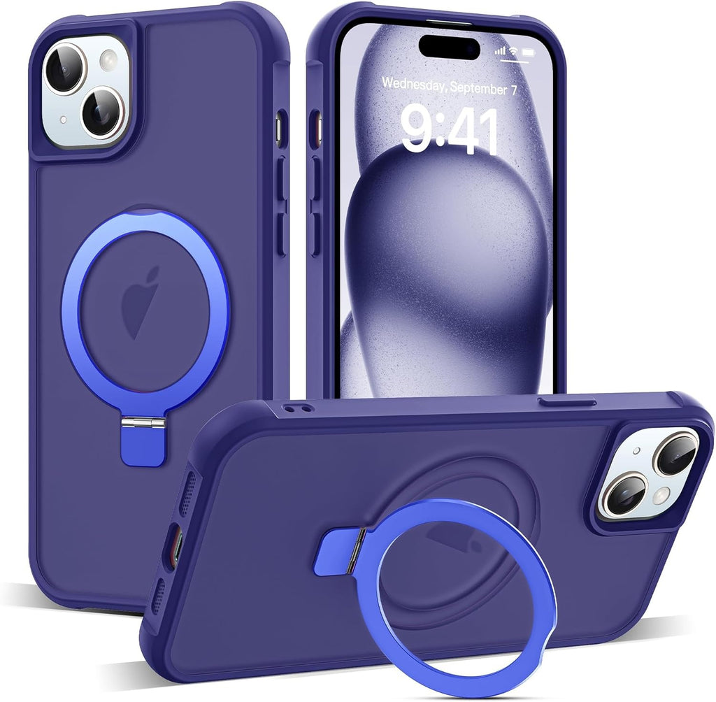 iPhone 15 Plus Magnetic O-Ring Stand Case – Military-Grade Translucent MagSafe Compatible Shockproof Cover – Navy