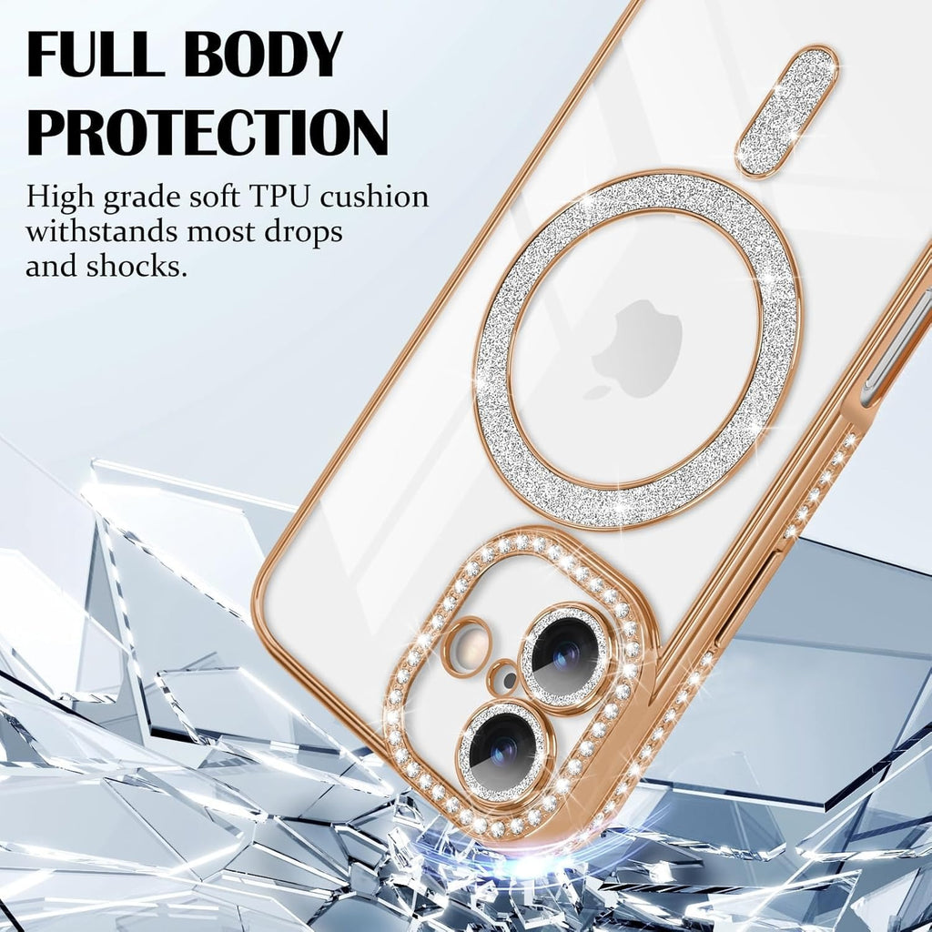 Brandson Luxury Sparkle MagSafe Case for iPhone 17 Pro Max – Diamond Camera Guard, Shockproof Transparent Cover, Gold Shine Edition