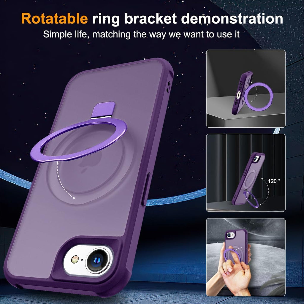 MagSafe Compatible Case for iPhone 16E (6.1", 2025) | Invisible Magnetic O-Ring Stand | Military-Grade Translucent Shockproof Cover – Purple